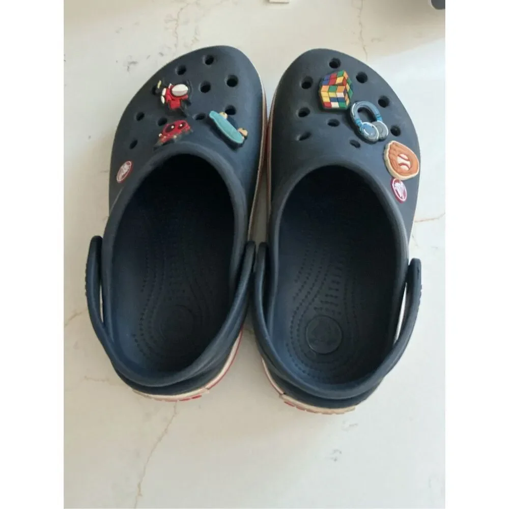 Crocs Crocband Navy Red Sz J2 Rubber Clogs with Jibbitz